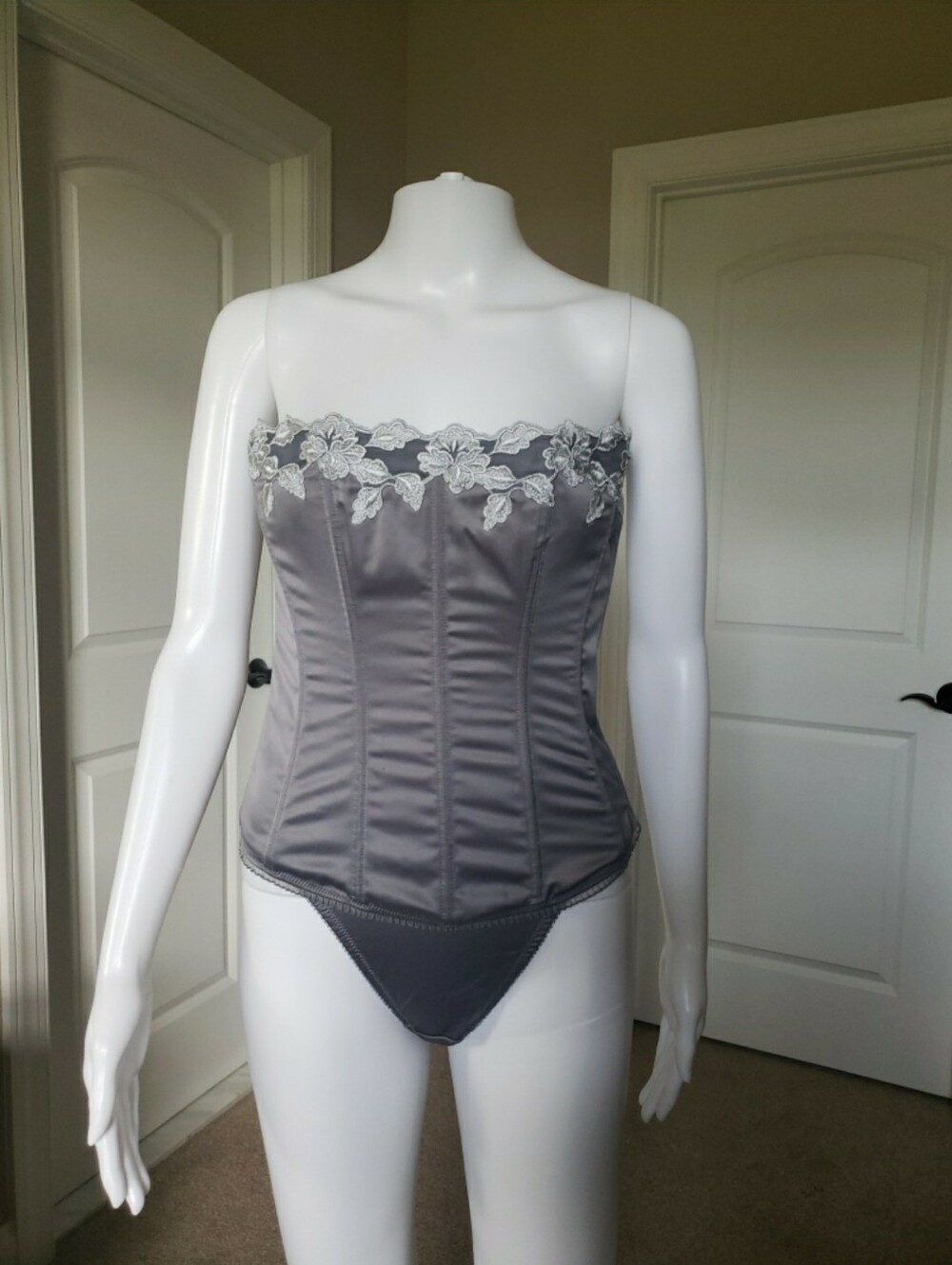 Vintage Victoria Secret Strapless Gray Satin Corset with Lace Trim With Panty